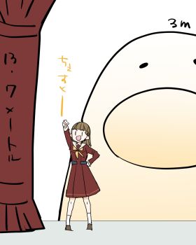 1girl :d brown_dress chesto_(phrase) clenched_hands commentary_request dress full_body hand_on_own_hip hasu_no_sora_school_uniform height highres kachimachi_kosuzu kanduki_kamibukuro link!_like!_love_live! long_sleeves love_live! medium_dress neckerchief open_mouth pleated_dress raised_fist sailor_collar sailor_dress school_uniform simple_background smile solo standing v-shaped_eyebrows virtual_youtuber white_background white_sailor_collar winter_uniform yellow_neckerchief |_|