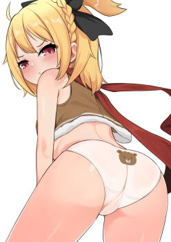 1girl animal_print ass bear_panties bear_print blonde_hair blush braid commentary_request commission felt_(re:zero) highres paid_reward_available panties pixiv_commission print_panties re:zero_kara_hajimeru_isekai_seikatsu red_eyes red_scarf scarf solo surio underwear variant_set white_background white_panties