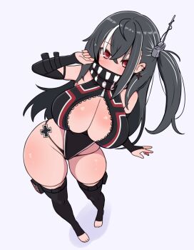 1girl azur_lane bare_shoulders bikini bikini_under_clothes black_hair black_one-piece_swimsuit black_scarf blush breasts cleavage commentary_request commission cross dokunabeart full_body groin hair_between_eyes hand_up highleg highleg_one-piece_swimsuit highres hip_focus iron_cross large_breasts leaning_to_the_side long_hair multicolored_hair one-piece_swimsuit partially_unzipped pixiv_commission red_eyes scarf side_ponytail skindentation solo standing streaked_hair swimsuit thighhighs thighs two-tone_hair u-47_(azur_lane) very_long_hair white_hair
