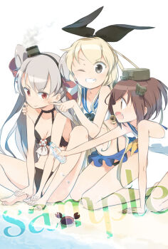 3girls amana_(pocketkey) amatsukaze_(kancolle) barefoot bikini bikini_skirt black_bikini black_eyes blonde_hair blue_sailor_collar bottle breasts brown_eyes brown_hair closed_mouth commentary_request crab fang grey_hair grin hair_tubes headgear highleg highleg_bikini holding holding_bottle kantai_collection kneeling long_hair multiple_girls one-piece_swimsuit one_eye_closed open_mouth pointing pointing_at_another ramune red_eyes sailor_bikini sailor_collar sample_watermark shimakaze_(kancolle) short_hair simple_background sitting small_breasts smile smoke smokestack_hair_ornament swimsuit two_side_up water watermark white_one-piece_swimsuit yukikaze_(kancolle)