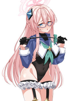 1girl absurdres alternate_costume aqua_neckerchief black_garter_straps black_gloves black_leotard black_shirt blue_archive blue_sailor_collar blush breast_curtains breasts cosplay cropped_shirt frilled_thigh_strap garter_straps glasses gloves hair_between_eyes halo highleg highleg_leotard highres holding holding_whip large_breasts leotard long_hair looking_at_viewer mimori_(blue_archive) neckerchief pink_hair pink_halo rynn_(darknescorez) sailor_collar semi-rimless_eyewear shimiko_(blue_archive) shimiko_(blue_archive)_(cosplay) shimiko_(magical)_(blue_archive) shirt sidelocks solo thigh_strap