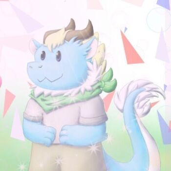 1boy black_eyes blonde_hair commentary dragon_boy dragon_horns dragon_tail english_commentary furry furry_male horns lowres male_focus original scarf shirt smile solo sparkle tail tanmoji_x