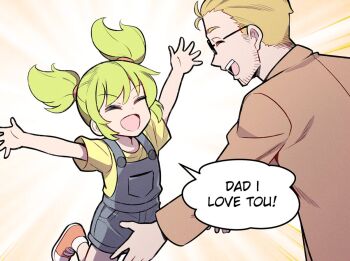 1boy 1girl beard_stubble blonde_hair blue_overalls brown_jacket child choppy_bangs closed_eyes commentary english_commentary english_text facial_hair facing_another father_and_daughter green_hair happy jacket jowa jumping merryweather open_mouth original overalls shirt short_hair smile speech_bubble stubble talking twintails yellow_shirt