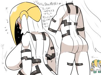 1girl 1other blush bodysuit breasts commentary creature_and_personification flying_sweatdrops from_behind gen_4_pokemon kasugai_(de-tteiu) large_breasts legendary_pokemon long_hair makhia_(kasugai_(de-tteiu)) mask nintendo personification pokemon pokemon_dppt regigigas strap surprised sweatdrop translated transparent two_side_up very_long_hair white_bodysuit