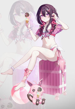 1girl absurdres alternate_hairstyle ankle_scrunchie azki_(hololive) barefoot bikini black_hair braid colored_inner_hair commentary creature crossed_legs flat_chest flower full_body hair_flower hair_ornament highres holding holding_ice_cream_cone hololive ice_cream_cone long_hair looking_at_viewer mole mole_under_eye multicolored_hair nail_polish navel on_suitcase open_mouth pink_bikini pink_flower pink_hair pink_nails pioneer_(azki) piyottorabitto purple_eyes rolling_suitcase scrunchie side-tie_bikini_bottom simple_background sitting solo suitcase swimsuit symbol-only_commentary toenail_polish toenails twin_braids virtual_youtuber white_scrunchie wrist_scrunchie