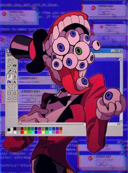 Rule 34 | black bow, black bowtie, blue background, blue eyes, blue screen of death, bow, bowtie, caine (the amazing digital circus), extra eyes, eyeball, eyes on tongue, gloves, green eyes, hashtag-only commentary, hat, heterochromia, high collar, highres, holding, holding eyeball, microsoft paint (software), microsoft windows, open mouth, red tailcoat, shirt, shoulder pads, tailcoat, teeth, the amazing digital circus, tongue, tongue out, top hat, upper body, white gloves, white shirt, wuuzaghi9m12xsy