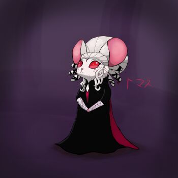 1girl animal_ears black_cape black_dress cape dress highres holding_own_hand long_dress long_hair looking_up mouse_(animal) mouse_ears mouse_girl mouse_tail no_pupils propernekoarts purple_background red_eyes rwby salem_(rwby) sidelocks tail turtleneck white_fur white_hair wide_sleeves