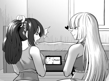 1futa 1girl absurdres bed bedroom breasts capcom defeat emilie_de_rochefort futanari heart highres large_breasts long_hair medium_breasts monochrome nintendo nintendo_switch open_mouth ponytail shiranui_mai sitting smile snk surprised tekken tekkin_papa video_game