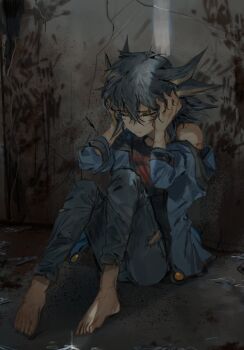 1boy alley barefoot black_hair black_shirt blue_jacket closed_eyes fudo_yusei grey_pants hands_on_own_face highres homeless jacket male_focus momentcorefly open_clothes open_jacket outdoors pants shadow shirt sleeveless sleeveless_shirt slums torn_clothes torn_pants yu-gi-oh! yu-gi-oh!_5d's