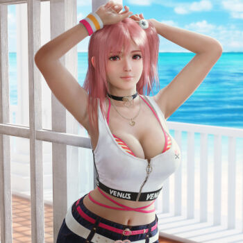1girl armpits arms_up bare_shoulders bikini breasts choker cleavage collarbone dead_or_alive dead_or_alive_xtreme dead_or_alive_xtreme_venus_vacation hair_ornament heart heart_choker highres honoka_(doa) jewelry large_breasts long_hair looking_at_viewer navel necklace official_art one_side_up pink_hair red_eyes skull_hair_ornament smile solo swimsuit venus_vacation_prism:_dead_or_alive_xtreme