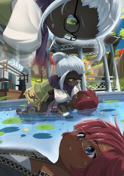 2girls black-framed_eyewear blue_eyes commentary_request commission dark-skinned_female dark_skin final_fantasy final_fantasy_xiv glasses green_eyes hair_bun highres lalafell lying multiple_girls on_back open_mouth pointy_ears red_hair shallow_water shelldy skeb_commission teeth upper_teeth_only water white_hair yuri