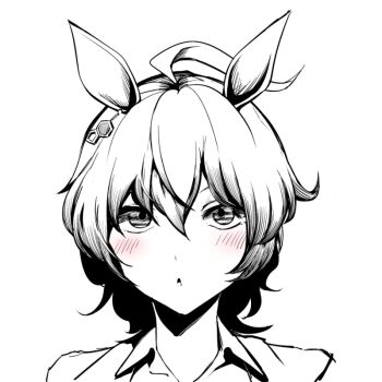 1girl agnes_tachyon_(umamusume) ahoge animal_ears blush collared_shirt commentary_request earrings greyscale hair_between_eyes horse_ears horse_girl jewelry looking_at_viewer monochrome open_mouth portrait sadahiro_(chicken_nugget_gyuuniku_aji) shirt short_hair simple_background single_earring solo spot_color umamusume