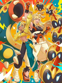 1boy 1girl aqua_hair bandeau black_mask blonde_hair blue_eyes breasts canari_(pokemon) commentary_request criss-cross_straps dark-skinned_female dark_skin dougi eelektross falinks gen_5_pokemon gen_8_pokemon gloves highres ivor_(pokemon) jacket karate_gi long_hair long_sleeves mask mask_pull mega_stone mole mole_under_mouth mouth_mask multicolored_hair navel nintendo one_eye_closed open_mouth pants pokemon pokemon_(creature) pokemon_legends:_z-a sanno_(snn_3) short_twintails smile split-color_clothes split-color_hair sports_bra tank_top twintails two-tone_hair two-tone_mask two-tone_pants yellow_bandeau yellow_jacket yellow_mask yellow_sports_bra