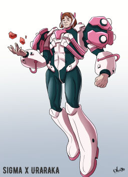 Rule 34 | 1boy, abs, aqua bodysuit, arm armor, armor, artist name, bodysuit, boku no hero academia, boots, bright pupils, brown eyes, brown hair, character name, clenched hands, closed mouth, commentary, cosplay, english commentary, expressionless, full body, gradient background, headset, highres, juno (overwatch), juno (overwatch) (cosplay), knee boots, looking at viewer, mature male, medium hair, obiyo 333, overwatch, pink boots, rock, shoulder armor, sigma (overwatch), skin tight, solo, thick eyebrows, uraraka ochako, uraraka ochako (cosplay), uravity juno