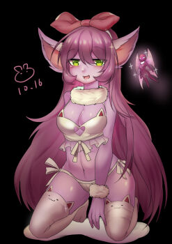 2girls :3 absurdres alternate_breast_size alternate_ears arm_behind_back arm_between_legs artist_logo black_background blush bow bra breasts cat_lingerie cleavage colored_skin dated dot_nose eyebrows fang female_focus frilled_bra frills full_body fur_collar fur_cuffs green_eyes hair_bow half-closed_eyes highres kneeling large_bow league_of_legends logo long_ears long_hair lulu_(league_of_legends) medium_breasts medium_hair multiple_girls naughty_face navel open_mouth panties petite pink_hair pink_skin pix_(league_of_legends) red_bow simple_background solo_focus thighhighs underwear very_long_hair white_bra white_panties white_thighhighs yandere_rabbit yordle