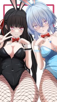 2girls absurdres alternate_costume animal_ear_hairband animal_ears asutokun_th bare_shoulders black_hair black_leotard blue_hair blue_leotard blush breasts chisa_(wuthering_waves) collarbone colored_eyelashes covered_navel detached_collar embarrassed fake_animal_ears fishnets hair_between_eyes hairband highres large_breasts leotard long_hair looking_at_viewer multiple_girls open_mouth playboy_bunny purple_eyes rabbit_ear_hairband rabbit_ears red_eyes shorekeeper_(wuthering_waves) strapless strapless_leotard v wrist_cuffs wuthering_waves