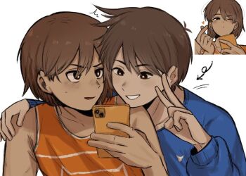 2boys antenna_hair arrow_(symbol) black_eyes blue_sweater bright_pupils brothers brown_hair collarbone commentary dark-skinned_male dark_skin double-parted_bangs english_commentary hair_between_eyes hand_on_another's_shoulder hero_(faraway)_(omori) hero_(omori) kel_(faraway)_(omori) kel_(omori) long_sleeves looking_at_another male_focus multiple_boys omori parted_lips pasuta928008 short_hair siblings simple_background smile sweatdrop sweater v white_background white_pupils