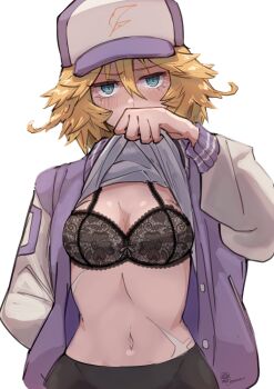 1girl absurdres baseball_cap blonde_hair bra breasts clothes_lift dokibird feathers green_eyes hat highres indie_virtual_youtuber jacket lingerie mat_(matdesenheiro) midriff open_clothes open_jacket scar shirt_lift short_hair small_breasts underwear virtual_youtuber white_background
