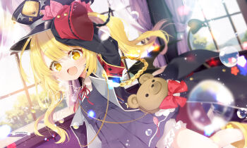 1girl :d aiguillette animal_bag arm_up armband artist_logo artist_name asymmetrical_sidelocks bag bear_bag black_coat black_dress black_hat black_tail blonde_hair bloomers blue_archive blush boots bow bowtie child coat collared_shirt commentary_request day demon_girl demon_tail dress dutch_angle frills hat highres ibuki_(blue_archive) indoors insignia logo long_hair long_sleeves looking_at_viewer military_coat military_hat mocha_(naturefour) muntins neck_ribbon open_clothes open_coat open_mouth peaked_cap peter_pan_collar pinafore_dress pleated_dress red_armband red_bow red_bowtie red_ribbon ribbon rubber_boots satchel shirt side_ponytail sidelocks signature sleeveless sleeveless_dress sleeves_past_fingers sleeves_past_wrists smile soap_bubbles solo tail tareme underwear white_bloomers white_shirt window yellow_boots yellow_eyes