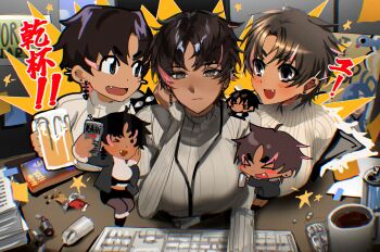 &gt;_&lt; &gt;_o 1girl :d annoyed beer_mug black_eyes black_hair black_jacket black_pantyhose black_skirt blush bon_(vtuber) breasts cellphone chibi choripan closed_mouth coffee_mug commentary computer_keyboard computer_mouse cup dark-skinned_female dark_skin dot_nose ear_piercing earrings english_commentary fang fish_skeleton_earrings full_body grey_sweater half-closed_eyes highres holding holding_cup holding_phone indie_virtual_youtuber indoors jacket jewelry large_breasts looking_at_another looking_at_viewer midriff mug multicolored_hair nose office one_eye_closed open_mouth pantyhose phone piercing pill pink_streaks selfie short_hair skirt smartphone smile star_(symbol) stud_earrings sweater translation_request two-tone_hair upper_body virtual_youtuber