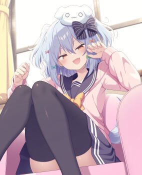 1girl black_bow black_sailor_collar black_skirt black_thighhighs blue_bow blue_hair blush bow cardigan claw_pose couch curtains dog dog_hair_ornament dog_tail fang green_bow hair_bow hair_ornament highres indoors inuyama_tamaki knees_up long_sleeves looking_at_viewer multiple_hair_bows noripro open_mouth orange_bow pink_cardigan pleated_skirt purple_bow sailor_collar sasakura_momiji school_uniform sidelocks sitting skirt smile solo striped_bow tail thighhighs v-shaped_eyebrows virtual_youtuber window