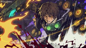 Rule 34 | 1boy, armband, beard stubble, black armband, black coat, blood, brown hair, cigarette, coat, diffraction (e.g.o), e.g.o (project moon), facial hair, gregor's cockroach (project moon), gregor (project moon), guizhenc, highres, holding, holding weapon, lamp (e.g.o), lce (identity) (project moon), limbus company, looking at viewer, male focus, mustache stubble, project moon, short hair, smoke, smoking, solo, stubble, weapon, wingbeat (e.g.o), yellow eyes