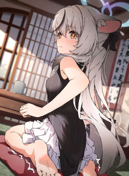 1girl absurdres animal_ears barefoot black_dress blue_archive blue_halo blush china_dress chinese_clothes commentary_request cushion dress grey_hair halo highres indoors kokona_(blue_archive) long_hair moru_(moru20000) multicolored_hair pelvic_curtain seiza sitting sleeveless sleeveless_dress soles streaked_hair striped_clothes striped_dress tatami tears tiger_ears tiger_girl toes trembling_legs vertical-striped_clothes vertical-striped_dress