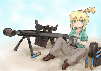 1girl 25x59mm_hv 25x59mm_hv_xm1050_tp airburst_grenade_launcher ammunition anti-materiel_cartridge anti-materiel_payload_rifle_(military_program) anti-materiel_rifle anti-materiel_rifle_congressional_program barrett_firearms_manufacturing barrett_optical_ranging_system barrett_xm109 blonde_hair bullet_drop_compensation_scope cannon_cartridge coffee_pot computerized_scope cup direct-fire_grenade_launcher explosive green_eyes grenade grenade_cartridge grenade_launcher gun iris_(material_sniper) ironlily looking_at_viewer magazine_(weapon) material_sniper military_program objective_sniper_weapon_(military_program) practice_round precision-guided_firearm rifle scope semi-automatic_grenade_launcher semi-automatic_rifle sight_(weapon) sitting smart_scope sniper_grenade_launcher sniper_rifle telescopic_sight weapon