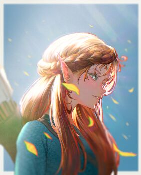 1girl arrow_(projectile) blonde_hair blue_eyes blurry blurry_background border breasts commentary highres long_hair nintendo pointy_ears princess_zelda solo the_antin the_legend_of_zelda upper_body white_border