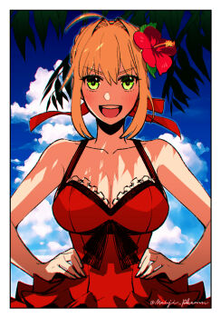 1girl ahoge blonde_hair blush breasts cloud cloudy_sky collarbone commentary_request dress fate/extra fate_(series) flower green_eyes hair_bun hair_flower hair_ornament hair_ribbon hands_on_own_hips large_breasts looking_at_viewer meiji_ken nero_claudius_(fate) nero_claudius_(modern_costume_of_crimson)_(fate) open_mouth red_dress red_ribbon ribbon sky solo