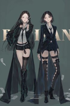 2girls aespa ankle_boots banknote black_boots black_coat black_gloves black_hair black_jacket black_necktie black_shorts boots coat collared_shirt cross_ornament ear_ornament full_body gloves high_heel_boots high_heels highres jacket karina_(aespa) knee_boots long_coat long_hair money multiple_girls necktie shirt short_hair shorts simple_background thighhighs winter_(aespa) zhanzhan_lan