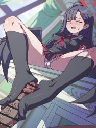 1girl absurdres animated bar_censor barefoot black_hair black_serafuku black_skirt black_socks black_wings blue_archive blue_eyes blush cameltoe censored closed_eyes cum ejaculation erection feet footjob funen_gomi_m glansjob hair_ornament hairclip half-closed_eyes highres ichika_(blue_archive) long_hair masturbation open_mouth panties pantyshot penis pleated_skirt post_orgasm_torture precum school_uniform serafuku skirt smile sock_on_penis sockjob socks sound toes two-footed_footjob underwear unworn_socks veins veiny_penis video white_panties wings