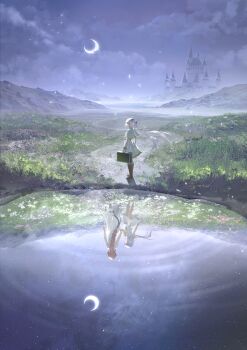 2girls absurdres bag black_bag boots briefcase brown_boots capelet castle commentary_request crescent_moon flamme_(sousou_no_frieren) frieren green_eyes guang_quan highres holding holding_briefcase holding_hands lake long_hair looking_at_viewer moon multiple_girls night outdoors reflection skirt sky sousou_no_frieren twintails very_long_hair water white_capelet white_hair white_skirt