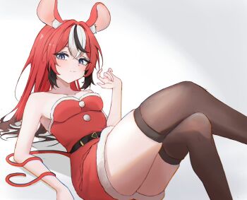 1girl alternate_costume black_streaks black_thighhighs blue_eyes blush closed_mouth commentary dress english_commentary fur-trimmed_dress fur_trim hakos_baelz hololive hololive_english immakms_zzz long_hair looking_at_viewer multicolored_hair pom_pom_(clothes) red_dress red_hair santa_costume santa_dress smile solo streaked_hair thighhighs very_long_hair virtual_youtuber white_streaks