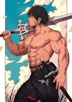 1boy abs bara bare_pectorals biceps blue_sky clive_rosfield closed_mouth cloud cloudy_sky commentary earrings english_commentary facing_to_the_side final_fantasy final_fantasy_xvi grass highres holding holding_sword holding_weapon jewelry looking_to_the_side male_focus muscular muscular_male navel nipples pectorals scar scar_on_face sheath sheathed sky sword topless_male veins veiny_arms weapon xelgot