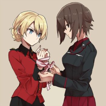 Rule 34 | 10s, 2girls, bdsm, blonde hair, blue elfin (flower knight girl), blush, bondage, bound, braid, brown eyes, brown hair, darjeeling (girls und panzer), female focus, french braid, girls und panzer, kuromorimine military uniform, multiple girls, nishizumi maho, ree (re-19), restrained, ribbon, ribbon bondage, short hair, sketch, st. gloriana's military uniform, sweatdrop, tan background, upper body, yuri