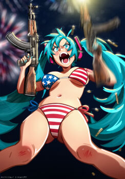 1girl 2025 absurdres american_flag american_flag_bikini american_flag_print angry ass assault_rifle bikini blue_hair blue_nails blush breasts breasts_apart dual_wielding feet_out_of_frame female_focus fireworks firing flag_print flag_print_bikini foreshortening fourth_of_july from_below gluteal_fold groin gun hatsune_miku headphones highres holding holding_gun holding_weapon legs_apart long_hair medium_breasts motion_blur muzzle_flash navel open_mouth outdoors print_bikini rifle shell_casing side-tie_bikini_bottom solo stepkingo_art swimsuit twintails very_long_hair vocaloid weapon