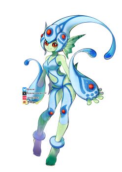 Rule 34 | 1girl, bare shoulders, blue one-piece swimsuit, breasts, colored skin, curvy, digimon, digimon (creature), full body, green skin, highleg, highleg one-piece swimsuit, highres, looking at viewer, medium breasts, one-piece swimsuit, ranamon, red eyes, shiny skin, simple background, smile, solo, swimsuit, white background, wide hips, youzaiyouzai112