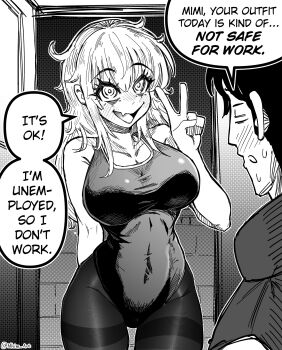 1boy 1girl @_@ arm_behind_back artist_name blush breasts commentary covered_navel doorway english_commentary english_text fang greyscale highres large_breasts leotard long_hair mimi_(nhim) monochrome nhim open_mouth original pantyhose pantyhose_under_swimsuit roy_(nhim) skin_fang skin_tight sweat swimsuit thigh_gap v wide_hips
