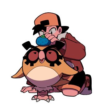 1boy alternate_color backwards_hat baseball_cap beak berry_(pokemon) bird black_hair colored_sclera commentary ethan_(pokemon) gen_2_pokemon hat holding hoothoot jacket long_sleeves nintendo on_head oran_berry owl pokemon pokemon_(creature) pokemon_gsc red_jacket red_sclera shiny_pokemon short_hair shorts simple_background symbol-only_commentary tyako_089 white_background yellow_shorts