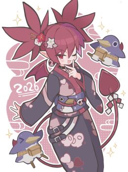 1girl 2026 ;3 ;d bird black_kimono blue_sash blush border character_print commentary cowboy_shot demon_tail disgaea double-parted_bangs earrings etna_(disgaea) fang flower hair_between_eyes hair_flower hair_ornament hand_up heart heart_print highres japanese_clothes jewelry kimono long_sleeves looking_at_viewer obi one_eye_closed open_mouth outline outside_border penguin pointy_ears prinny print_kimono print_sash red_background red_eyes red_hair red_wings sash short_hair short_twintails skin_fang skull_earrings smile sparkle standing suaman tail twintails v white_border white_outline wide_sleeves wings