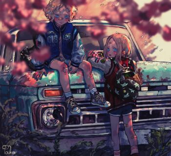 2girls backpack bag bandaid bandaid_on_face bandaid_on_forehead bandaid_on_knee bandaid_on_leg blonde_hair blue_eyes blush car commentary expressionless handheld_game_console highres jacket kurashiki_touka letterman_jacket long_hair looking_at_viewer motor_vehicle multiple_girls original shoes shorts sitting sneakers wreckage