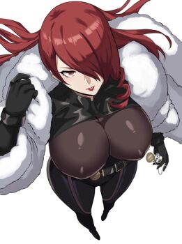 1girl black_bodysuit black_gloves bodysuit breasts coat commentary english_commentary foreshortening fur_coat gloves hair_over_one_eye impossible_bodysuit impossible_clothes jamjamstyle jewelry kirijou_mitsuru large_breasts locket long_hair looking_at_viewer paid_reward_available pendant persona persona_4:_the_ultimate_in_mayonaka_arena red_eyes red_hair revision skin_tight solo white_background yuuki_makoto_(persona_3)