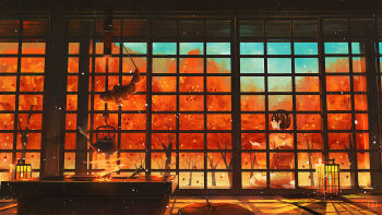 Rule 34 | 1girl, autumn, autumn leaves, black hair, commentary, craft-cs, fish, indoors, irori (hearth), japanese clothes, kettle, kimono, lantern, leaf, low ponytail, maple leaf, orange theme, original, ponytail, scenery, seiza, signature, sitting, sky, sliding doors, solo, steam, tabi, tatami, tree