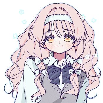 1girl black_bow black_bowtie blue_hairband blue_outline blush bow bowtie closed_mouth collared_shirt dot_nose grey_sweater_vest hair_intakes hairband highres long_hair looking_at_viewer original outline pink_hair school_uniform shirt simple_background smile solo striped_bow striped_bowtie striped_clothes sweater_vest upper_body white_background white_shirt yalmyu yellow_eyes