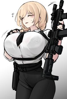 Rule 34 | 1girl, absurdres, accident, assault rifle, belt, black bra, black necktie, blonde hair, bra, bra visible through clothes, breasts, closed eyes, clumsy, collared shirt, entangled, eotech, flashlight, flustered, foregrip, gun, gun sling, hair ornament, hair over shoulder, hairclip, handgun, highres, holding, holding gun, holding weapon, holster, k0ng, large breasts, long hair, low ponytail, merc-san (k0ng), necktie, original, parted bangs, ponytail, reflex sight, rifle, shirt, sidelocks, solo, sweatdrop, underwear, weapon, white shirt, worried
