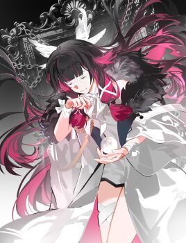 1girl absurdres black_hair blunt_bangs closed_eyes closed_mouth coat columbina_(genshin_impact) cowboy_shot dress eye_mask floating_hair fur-trimmed_coat fur_trim genshin_impact hair_ribbon hashtag-only_commentary head_wings highres leleyoukuailele long_hair mask multicolored_hair open_clothes open_coat pink_hair ribbon smile solo two-tone_hair very_long_hair white_coat white_dress white_ribbon white_wings wings