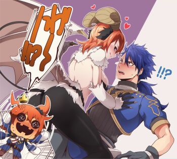 Rule 34 | !?, 0nodera, 1boy, 1girl, ahoge, bare back, black gloves, black pantyhose, black sclera, blue hair, blue jacket, blush, colored sclera, commentary request, cosplay, crown, cu chulainn (fate), cu chulainn (fate/prototype), dark young (fate), dark young (fate) (cosplay), demon girl, demon horns, demon wings, embarrassed, expressive hair, fate/grand order, fate (series), fujimaru ritsuka (female), fujimaru ritsuka (female) (halloween royalty), gloves, grey pants, hair between eyes, heart, hetero, horns, jacket, licking lips, looking at another, one side up, orange hair, pants, pantyhose, red eyes, ribbed shirt, scared, shirt, straddling, tail, tongue, tongue out, translation request, two-tone background, waving arms, wings