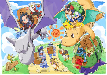 2boys absurdres aerodactyl apple ash_ketchum backpack bag baseball_cap black_hair blue_eyes box cardboard_box cloud commentary_request day dragonite food fruit galarian_farfetch'd galarian_form gen_1_pokemon gen_4_pokemon gen_8_pokemon gengar goh_(pokemon) grass hat highres holding holding_strap jacket looking_to_the_side machoke magikarp multiple_boys nintendo pants path pikachu pokemon pokemon_(anime) pokemon_(creature) pokemon_journeys raboot raichu riding riding_pokemon riolu road short_sleeves sky smile sobble teeth yamper yasuda_shuuhei