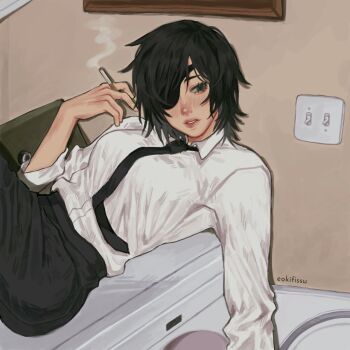 1girl artist_name chainsaw_man cigarette commentary eokifissu eyepatch highres himeno_(chainsaw_man) holding holding_cigarette light_switch looking_to_the_side necktie office_lady shirt short_hair sitting smoking symbol-only_commentary tagme washing_machine white_shirt